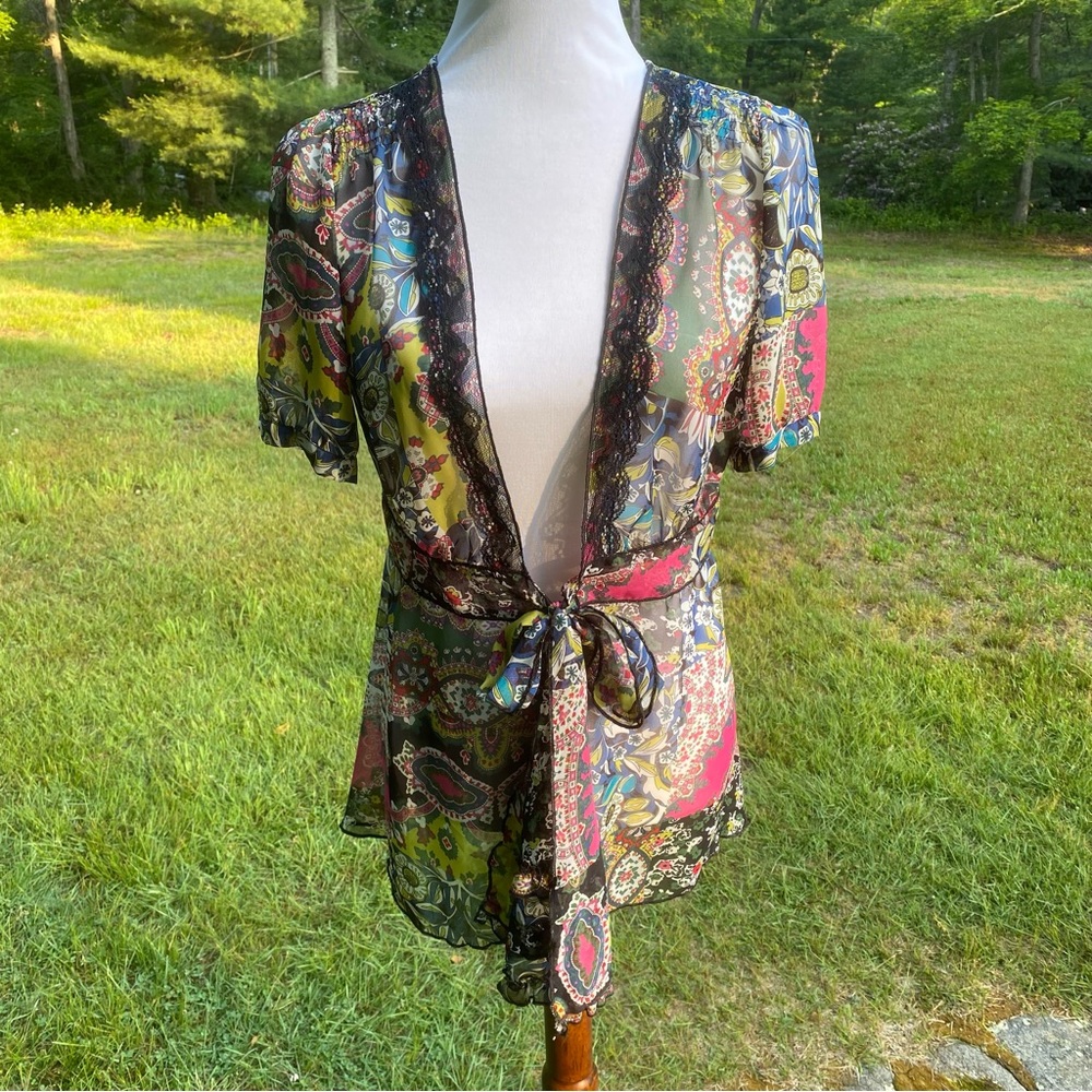 CAbi TOP BLOUSE TIE FRONT CARDIGAN SHEER FLORAL BLACK WHITE PINK GREEN Size S